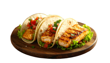 Three colorful tacos with grilled fish, salsa, and cilantro on a wooden plate