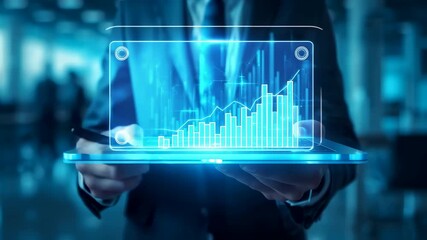 Businessperson holding transparent holographic tablet displaying rising financial charts - Powered by Adobe