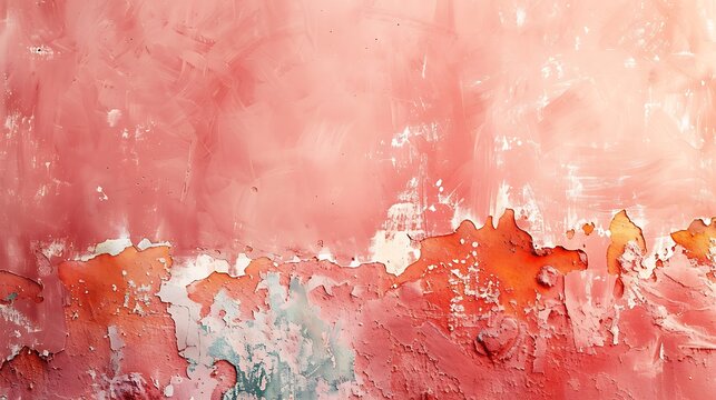 Close up of a textured wall with peeling paint in shades of pink orange and light blue colors