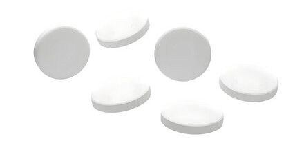 Several White Round Pills or Tablets Floating, Isolated on Black - Medication, Pharmacy, Healthcare
