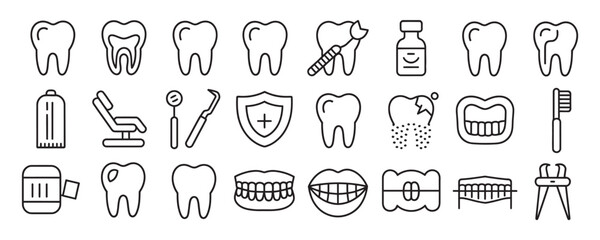 Professional dental icons set illustrating oral care, healthy smiles, and modern dentistry tools for medical websites and brochures