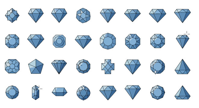 Blue diamond and gemstone vector icons set, various cuts shapes.