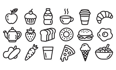 Vibrant collection of modern line art icons representing diverse food and drink items for creative projects