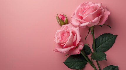 Fototapeta premium A delicate arrangement of pink roses with green leaves against a soft pink background creates a serene scene