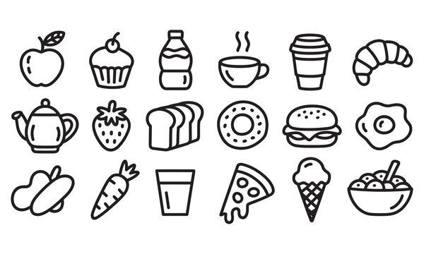 Vibrant collection of modern line art icons representing diverse food and drink items for creative projects
