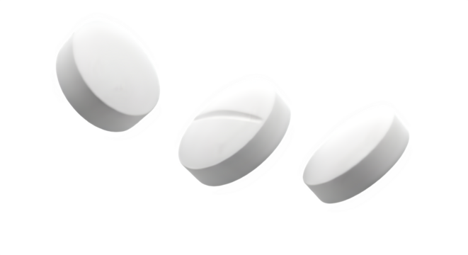 Three White Round Pills with a Score Line, Isolated on Black - Medication Dose, Pharmacy, Healthcare