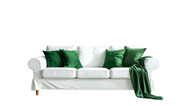 A clean white sofa with emerald green cushions and a matching throw against a black background