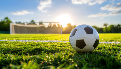Soccer ball on field at stadium with bright sunlight shining through the goal post creating warm feeling during summer afternoon for sports activities in fresh air 200 ch