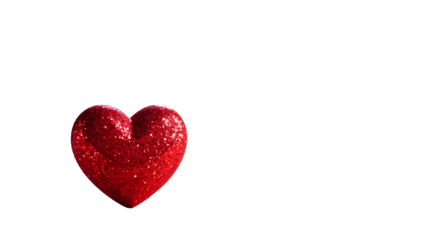 A shiny red heart, covered in glitter, is positioned against a solid black background