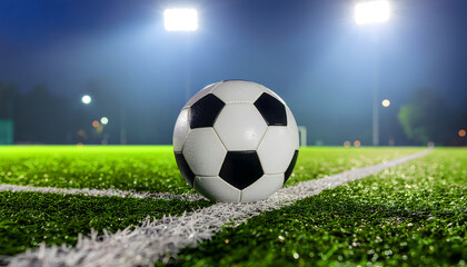 Soccer Ball Placed on Green Field Illuminated by Stadium Lights at Night Ready for Game Energetic Mood Intense Competition Professional Sport Outdoor Activity
