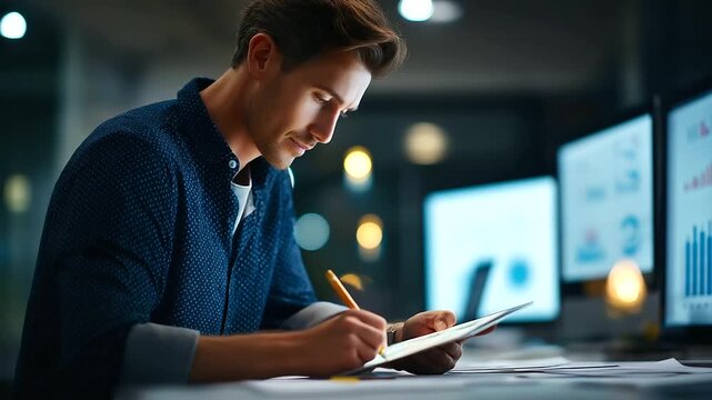 Faceless marketer reviewing analytics with lightbulb breakthrough moment creative traffic growth digital performance metrics optimization success multiple screens defocused