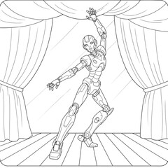 A graceful humanoid robot ballerina performs an elegant dance on a theatrical stage, presented as a detailed black and white coloring page