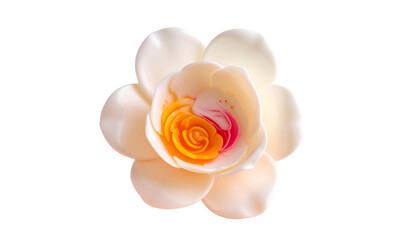 Isolated flower with a mix of creamy white, yellow and pink hues on black