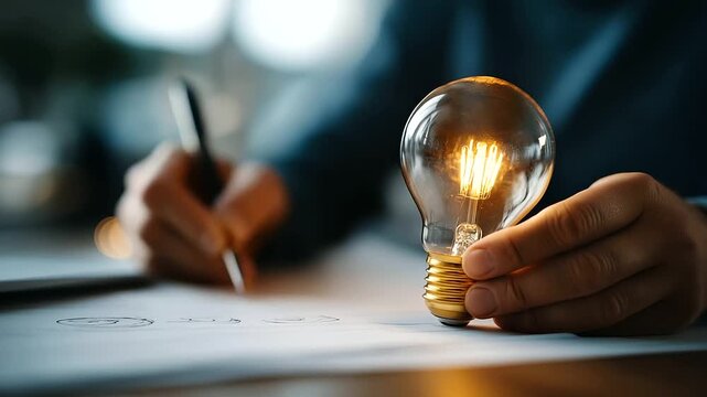 Faceless videographer reviewing storyboard with lightbulb creative scene concepts digital marketing video planning production strategy sketches and notes defocused with copy