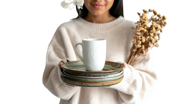 Person holding stack of plates with a mug and dried flowers, sweater, smiling
