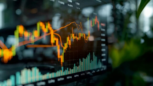 Candlestick Stock Market Chart Displayed on Screen with Blurred Green Office Background