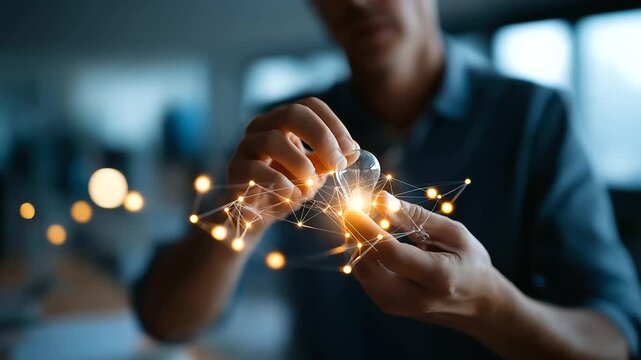 Hand configuring marketing automation workflow with lightbulb efficiency concept creative process optimization digital tool integration interface visible face not shown