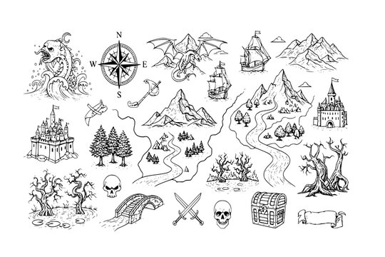 Fantasy map elements illustration, drawing, engraving, ink, line art, vector
