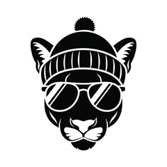 silhouette Lion head with winter hat and sunglasses Vector illustration design