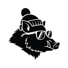wild boar head with winter hat and sunglasses Vector illustration design