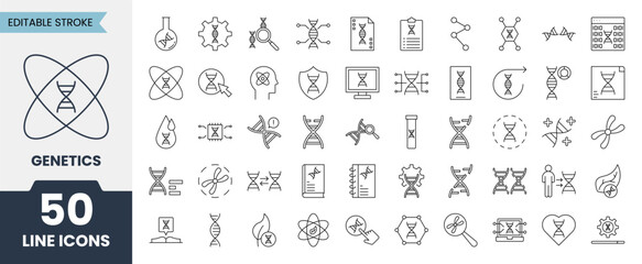 Genetics line icons set with editable stroke. Containing biology, DNA, experiments, gene, genetic, genome, research, chromosomesand more. Vector illustration