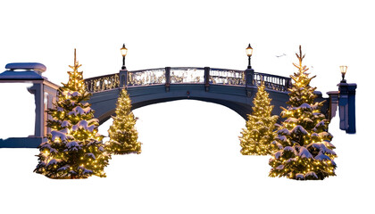 A snow-covered bridge adorned with twinkling lights and decorated fir trees at dusk