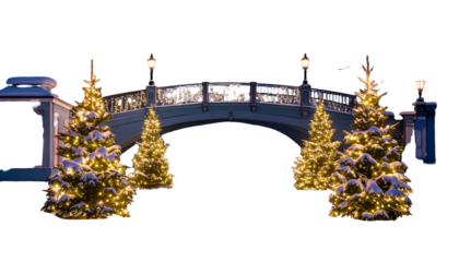 A snow-covered bridge adorned with twinkling lights and decorated fir trees at dusk