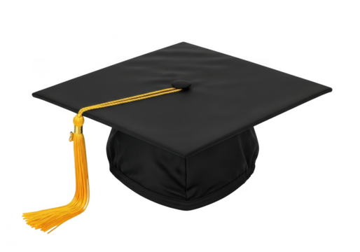 Classic black graduation cap with golden tassel academic achievement symbol isolated on transparent background