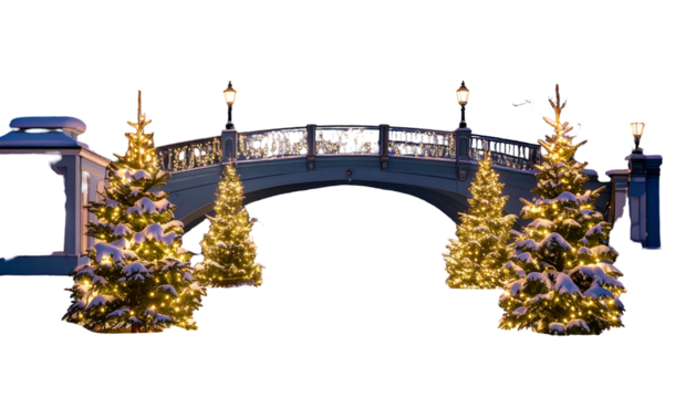 A snow-covered bridge adorned with twinkling lights and decorated fir trees at dusk