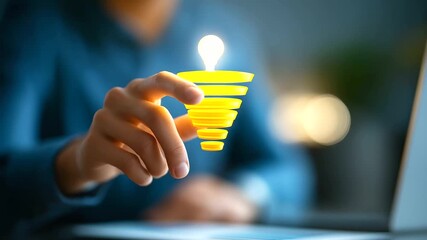 Hand pointing at conversion funnel with lightbulb bottleneck solution creative CRO strategy digital optimization analytics visible face not shown workspace defocused with cop
