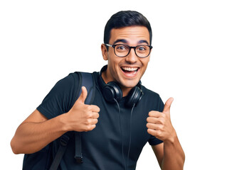 Fototapeta premium Excited young man wearing glasses and headphones with a backpack giving two thumbs up isolated on transparent background