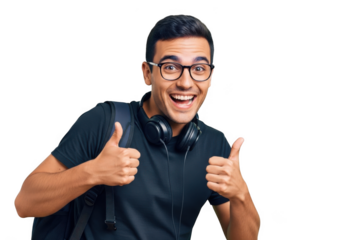 Excited young man wearing glasses and headphones with a backpack giving two thumbs up isolated on transparent background