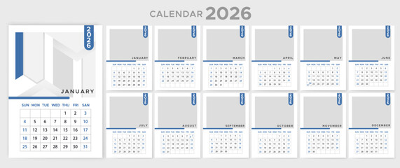 Vector wall calendar template for 2026, wall calendar planner with blue geometric shapes.
