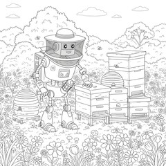 A cute robot beekeeper character caring for beehives in a blooming field of wildflowers and nature