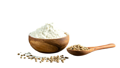Bowl of white flour, a spoon of seeds, and scattered seeds on a black background