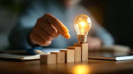 Hand pointing at illuminated lightbulb icon on wooden blocks arranged in growth pattern digital marketing concept creative strategy building business development blocks