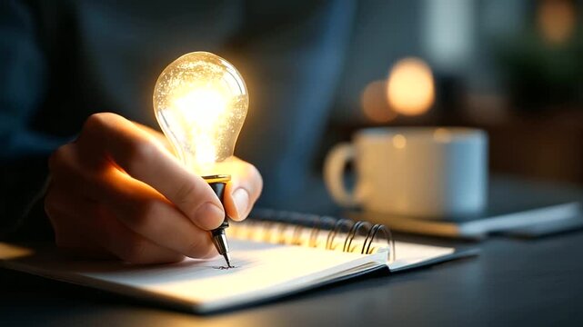 Hand writing creative copy in notebook with glowing lightbulb hologram above text content marketing concept digital storytelling creative writing process coffee cup defocused