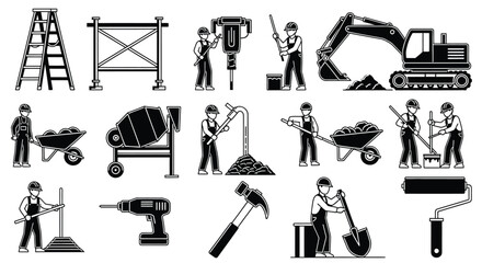 Construction icons featuring workers machinery tools and building materials in black
