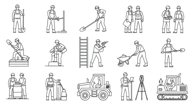 Line art illustration depicting various construction workers and heavy machinery