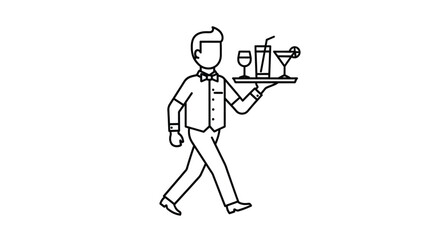 A waiter carrying a tray with drinks in a simple line art style