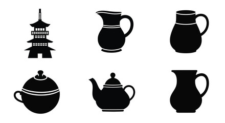 Black silhouette icons depicting a pagoda and various antique pottery vessels