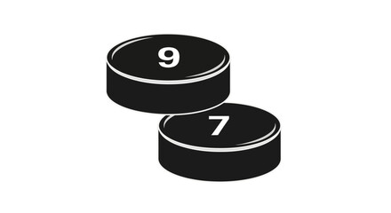 Two black game pieces with numbers 9 and 7, flat vector illustration