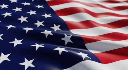 Closeup of the american flag waving, showing the stars and stripes in detail with a realistic texture and dynamic folds, symbolizing patriotism and freedom