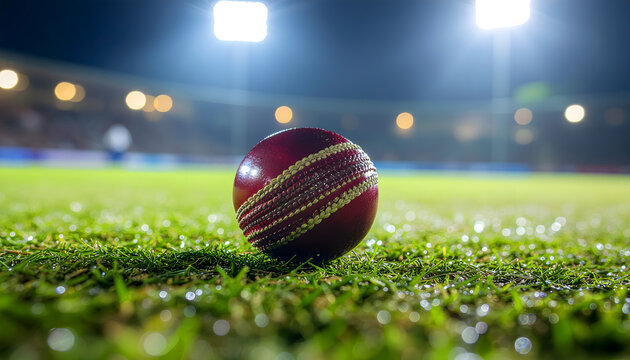 Cricket ball on green grass under bright stadium lights with copy space on field with soft focus cricket ground at night with artificial lights sport concept