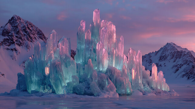 Enchanting winter landscape featuring translucent ice formations under a colorful sky at dusk
