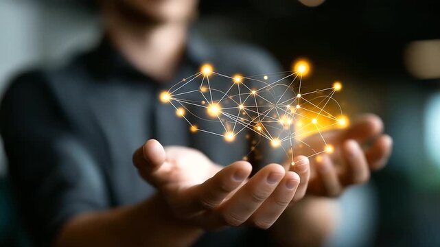 Hands connecting marketing tech stack tools with lightbulb integration solution creative MarTech ecosystem digital platform strategy diagram visible face defocused with copy