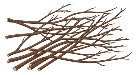 Pile of cut wood branches for kindling and bonfire preparation
