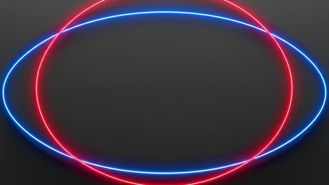Two intersecting neon ovals, one red and one blue, against a dark gray background