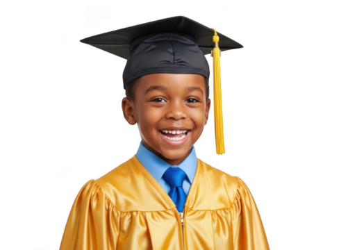 Joyful young african american boy wearing graduation cap and gown celebrating academic achievement isolated on transparent background - Powered by Adobe