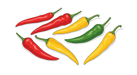 Colorful red yellow green chili peppers scattered illustration